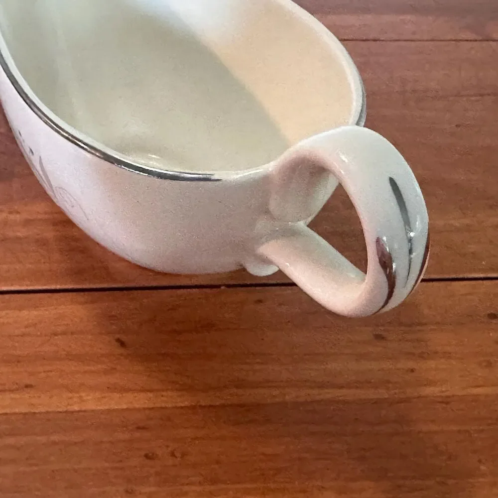 Homer Laughlin Celeste Gravy Boat and Underplate Mid Century Platinum Trim MCM